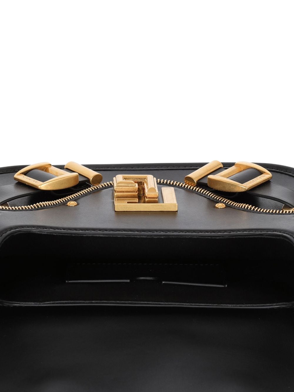 BALMAIN Black Leather Shoulder Bag with Golden Zipper Accents