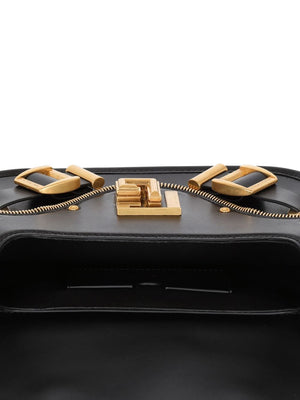 BALMAIN Black Leather Shoulder Bag with Golden Zipper Accents