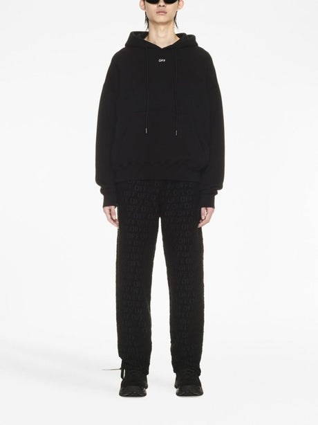 OFF-WHITE Men's Black Hooded Sweatshirt with Ribbed Cuffs and Lower Edge