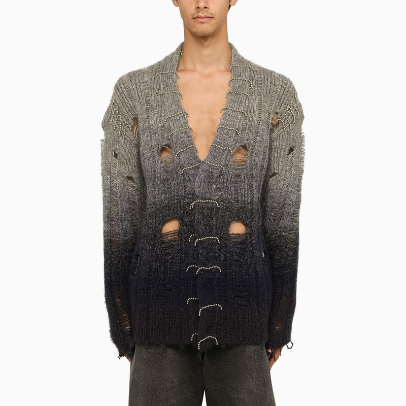 OFF-WHITE Men's Grey Degradé Mohair Blend Cardigan with Rhinestone Detailing