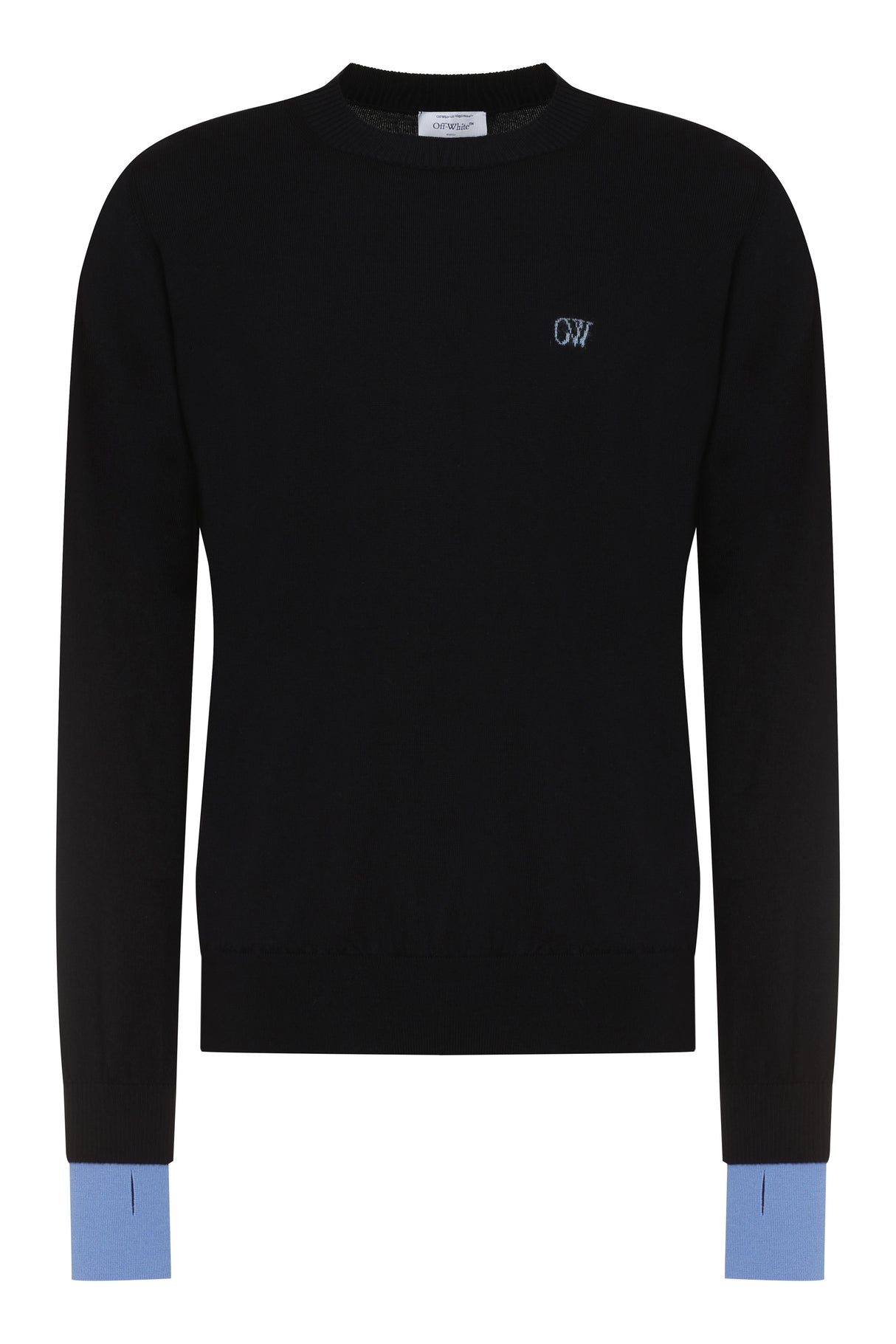 OFF-WHITE Men's Black Knit Pullover with Thumbhole Cuff and Ribbed Knit Edges