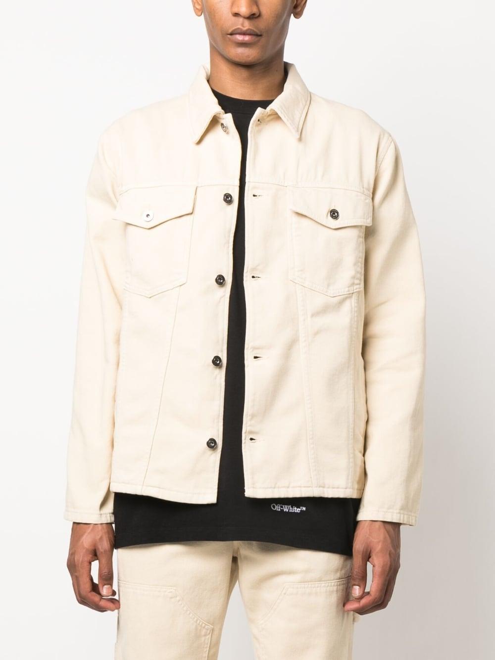 OFF-WHITE Men's Light Beige Classic Denim Jacket with Logo Detail and Belted Waist Tabs