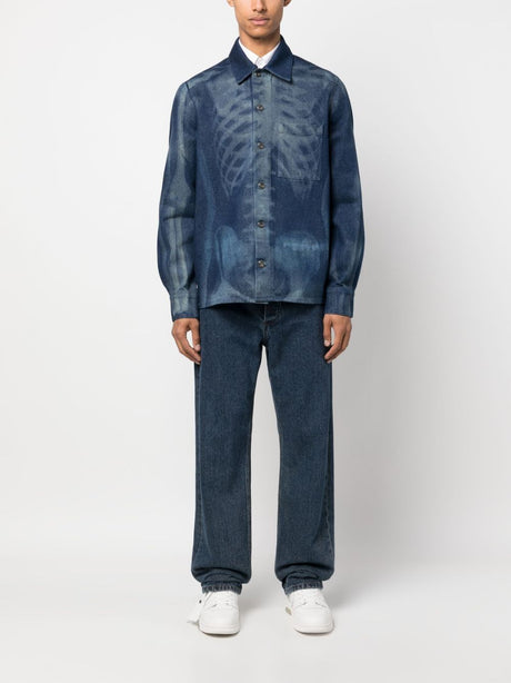 OFF-WHITE Blue Cotton Denim Shirt with All-Over Body Scan Motif for Men