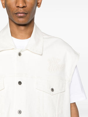 OFF-WHITE White Denim Vest with Logo Embroidery and Classic Collar for Men