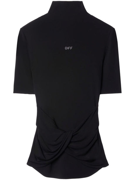 OFF-WHITE Women's Black Crepe Twist Top - Short-Sleeved, High-Collar with Logo Print and Twisted Detail