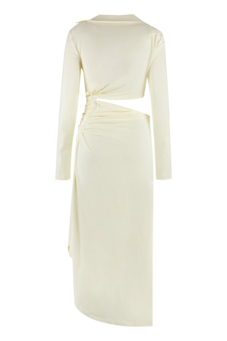 White Gathered Midi Dress with Deep Side Slit and Asymmetric Hem for Women from Off-White SS23 Collection