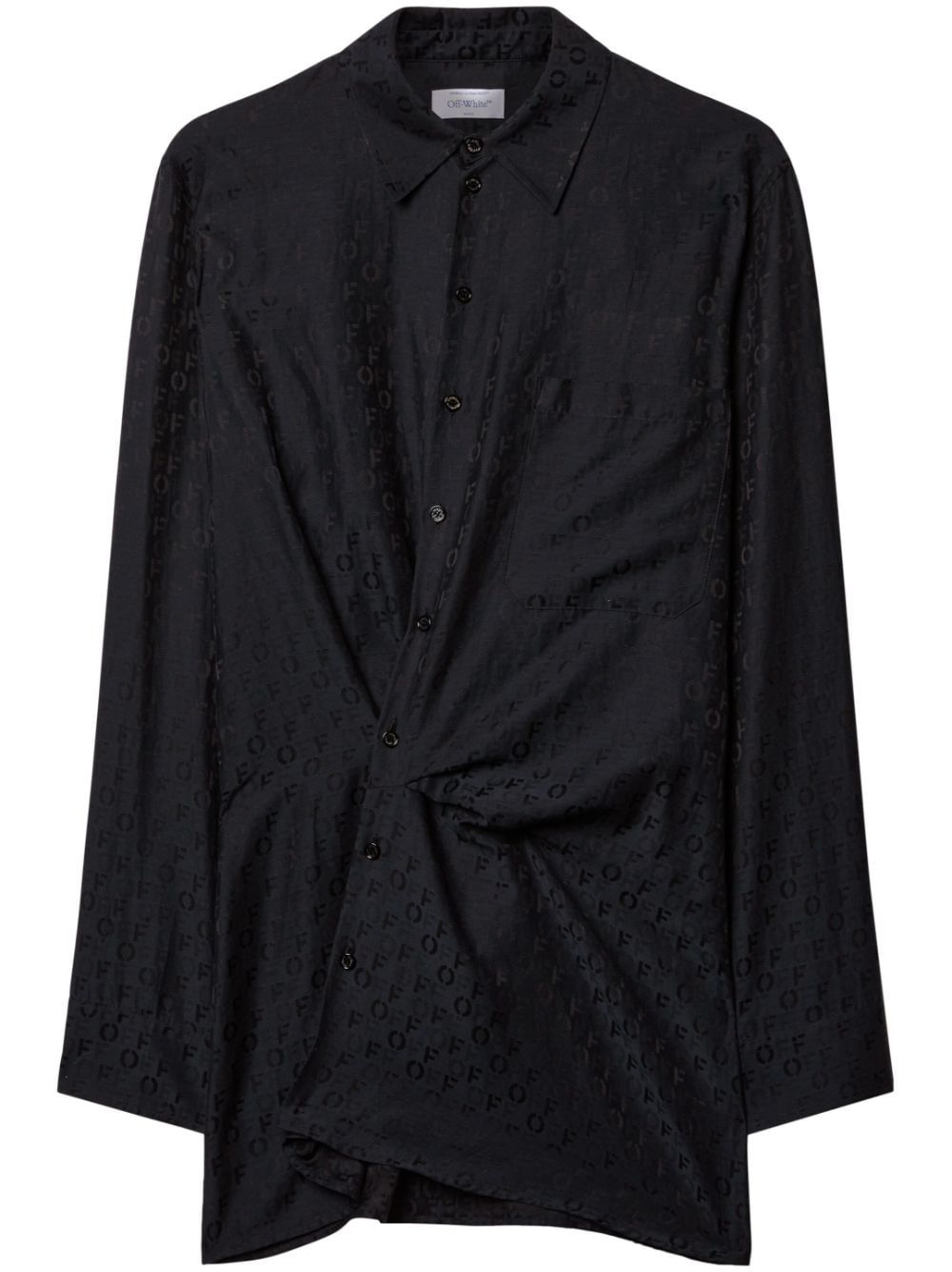 OFF-WHITE Black Jacquard Shirt Dress with Off Motif and Asymmetric Button Closure