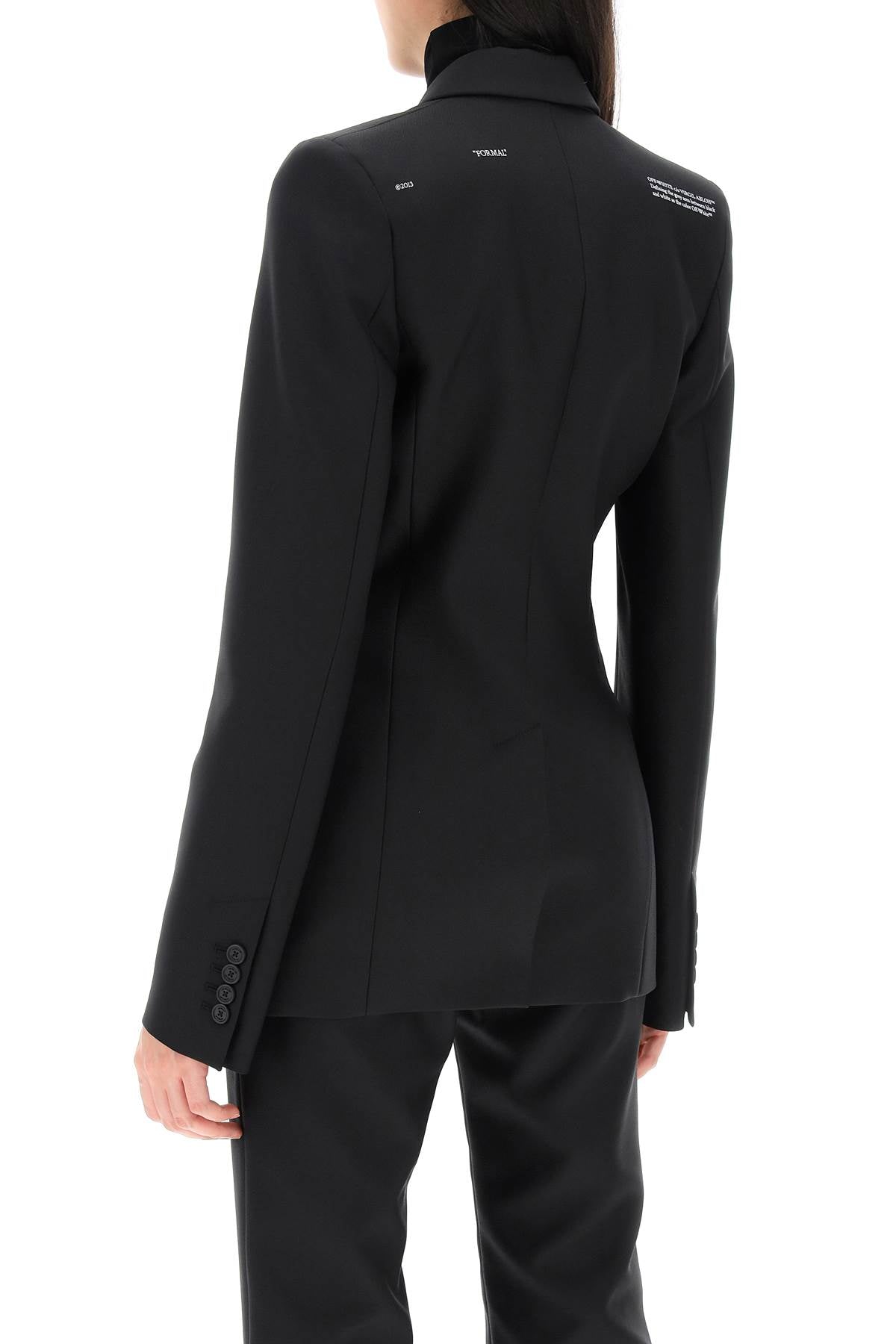 Áo jacket nữ OFF-WHITE màu đen dáng dài với cổ bẻ và thiết kế đơn giản