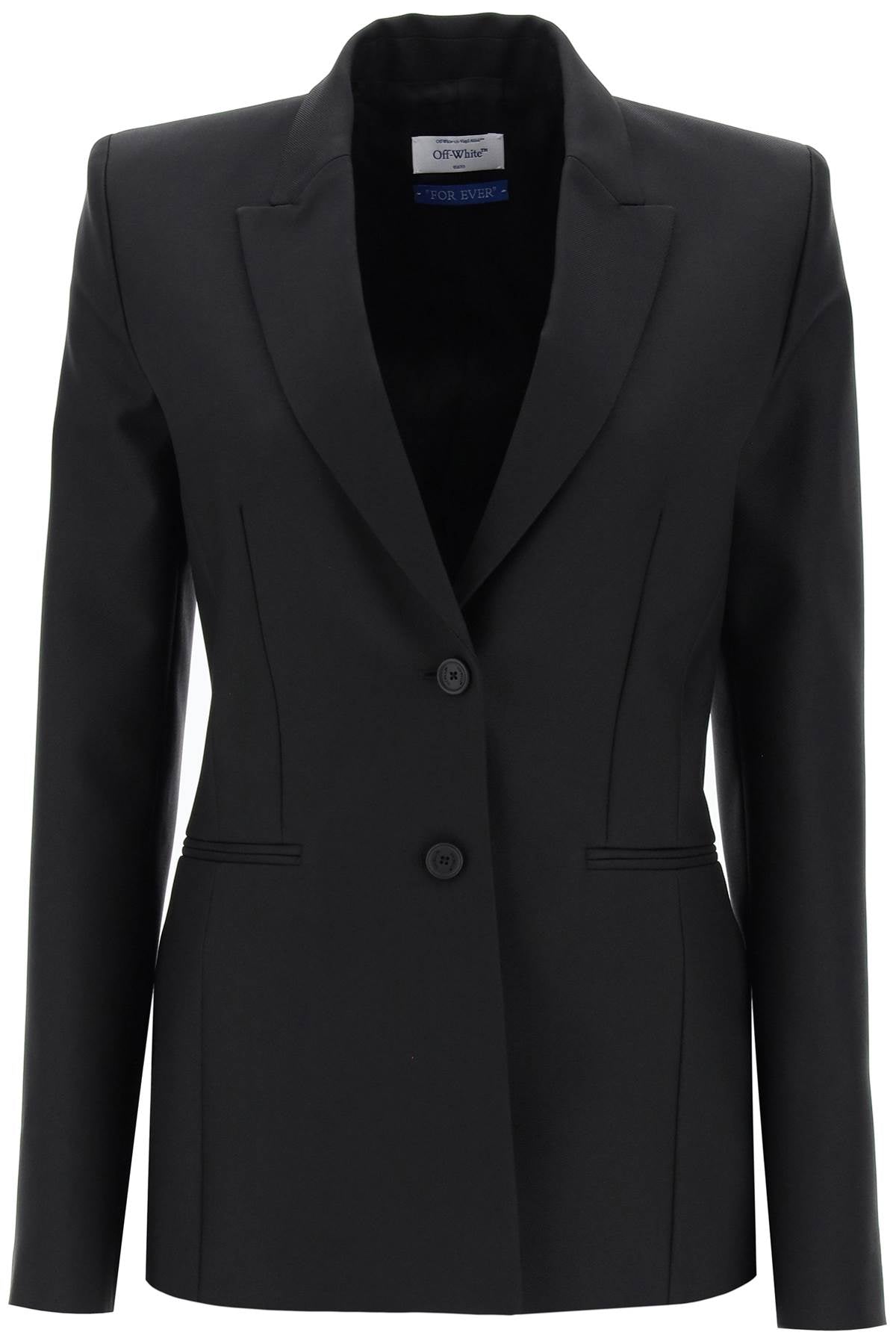 Áo jacket nữ OFF-WHITE màu đen dáng dài với cổ bẻ và thiết kế đơn giản