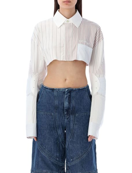 OFF-WHITE White Cropped Motorcycle Shirt with Striped Details and Embroidered Logo