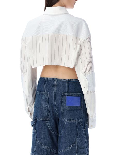 OFF-WHITE White Cropped Motorcycle Shirt with Striped Details and Embroidered Logo