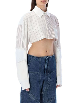 OFF-WHITE White Cropped Motorcycle Shirt with Striped Details and Embroidered Logo