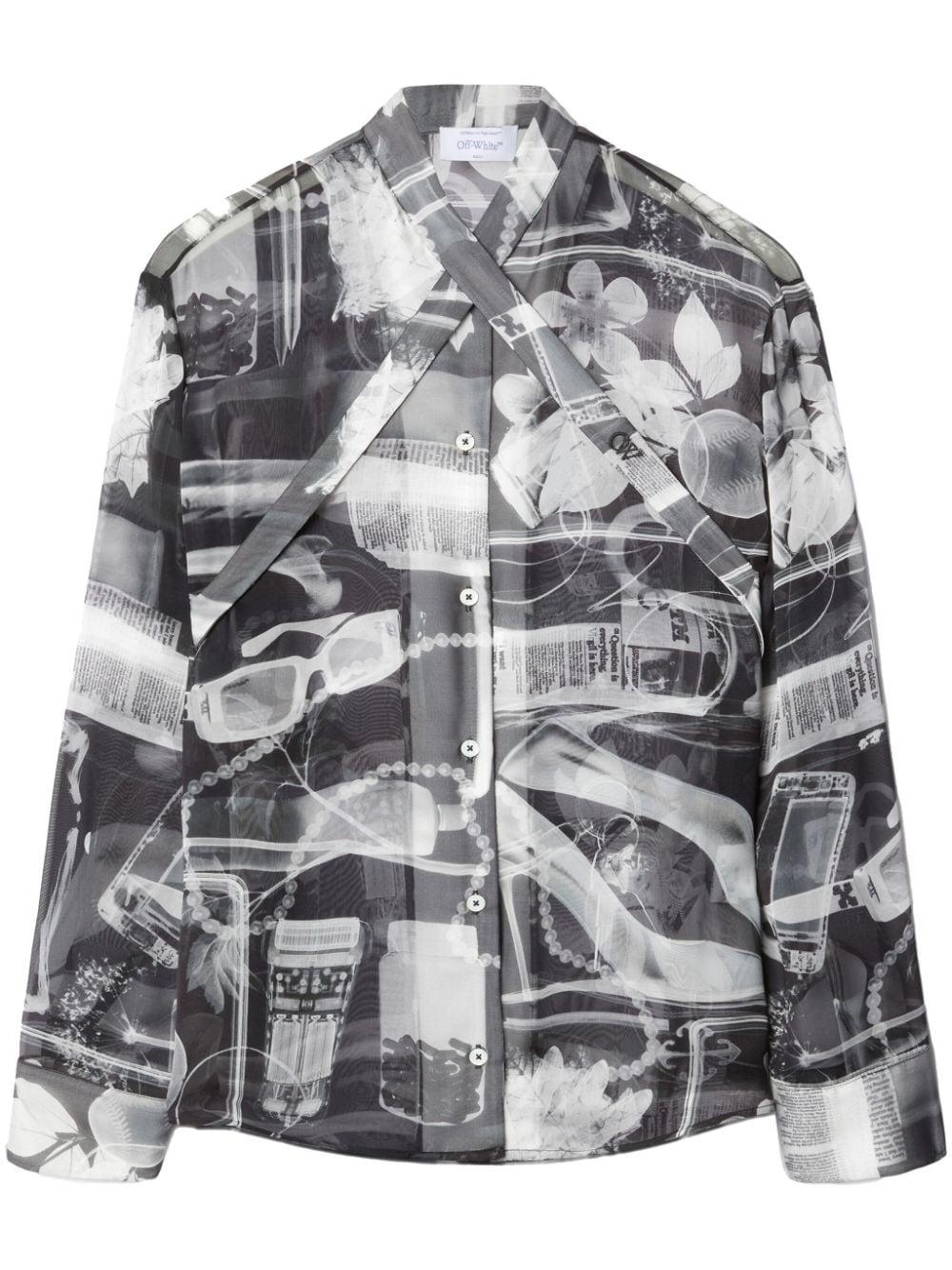 OFF-WHITE Semi-Sheer Silk Shirt with X-Ray Print and Stand-Up Cross Collar for Women