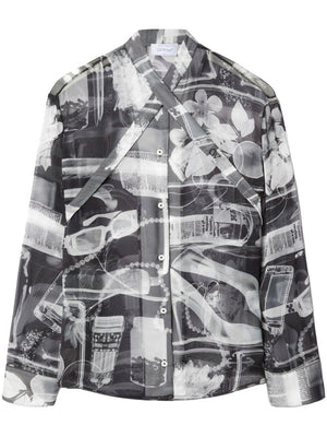 OFF-WHITE Semi-Sheer Silk Shirt with X-Ray Print and Stand-Up Cross Collar for Women