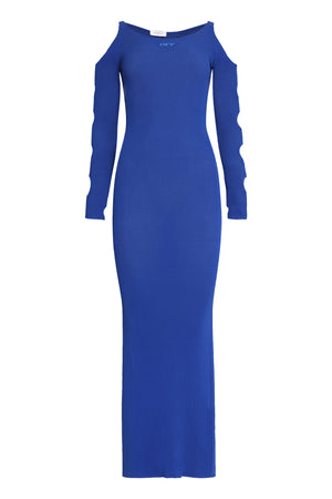 OFF-WHITE Blue Cut-Out Net Long Dress with Off Logo and Fitted Cut