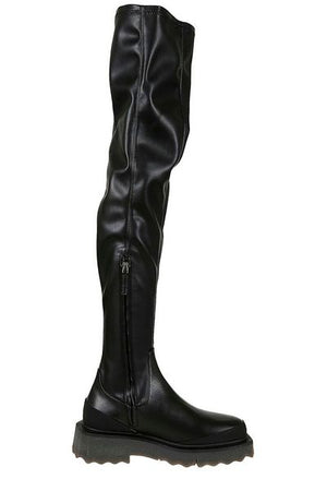 OFF-WHITE Women's High Black Leather Boots with Military Green Details