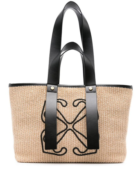 OFF-WHITE Day Off Small Raffia Tote with Leather Accents and Arrow Emblem