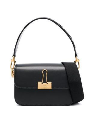 OFF-WHITE Black Leather Mini Binder Shoulder Handbag with Gold-Tone Accents and Detachable Strap