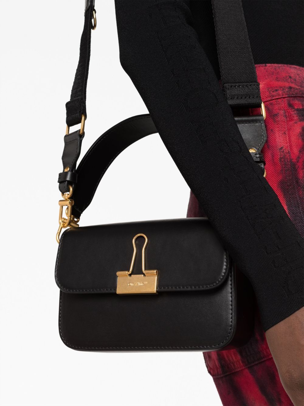 OFF-WHITE Black Leather Mini Binder Shoulder Handbag with Gold-Tone Accents and Detachable Strap