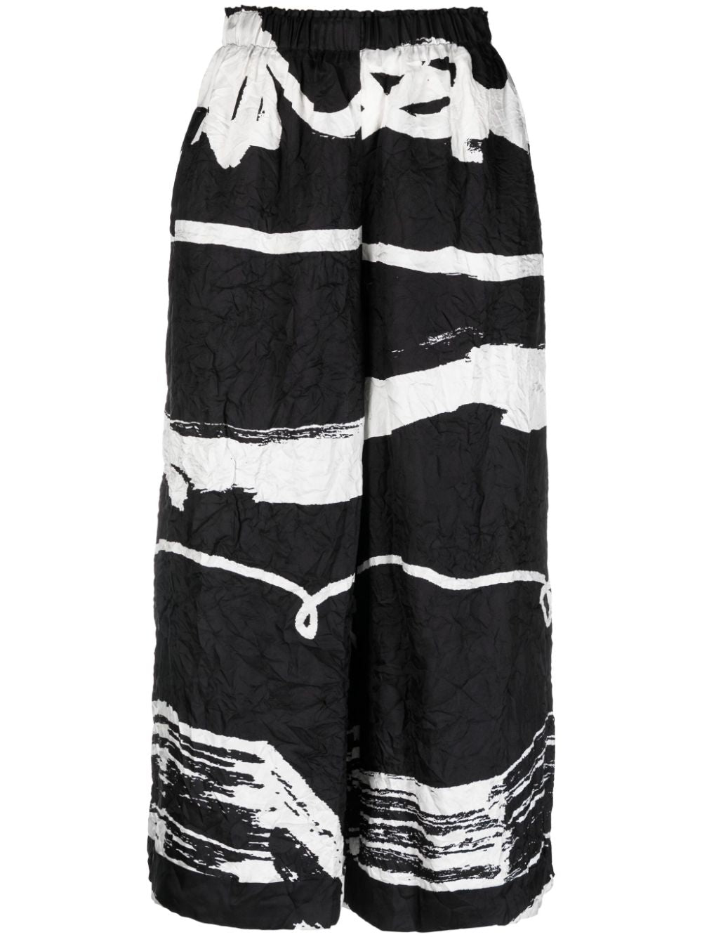 DANIELA GREGIS Printed Silk Wide Leg Trousers for Women - Black Abstract Print, Crinkled Finish, Elastic Waistband, Cropped Cut