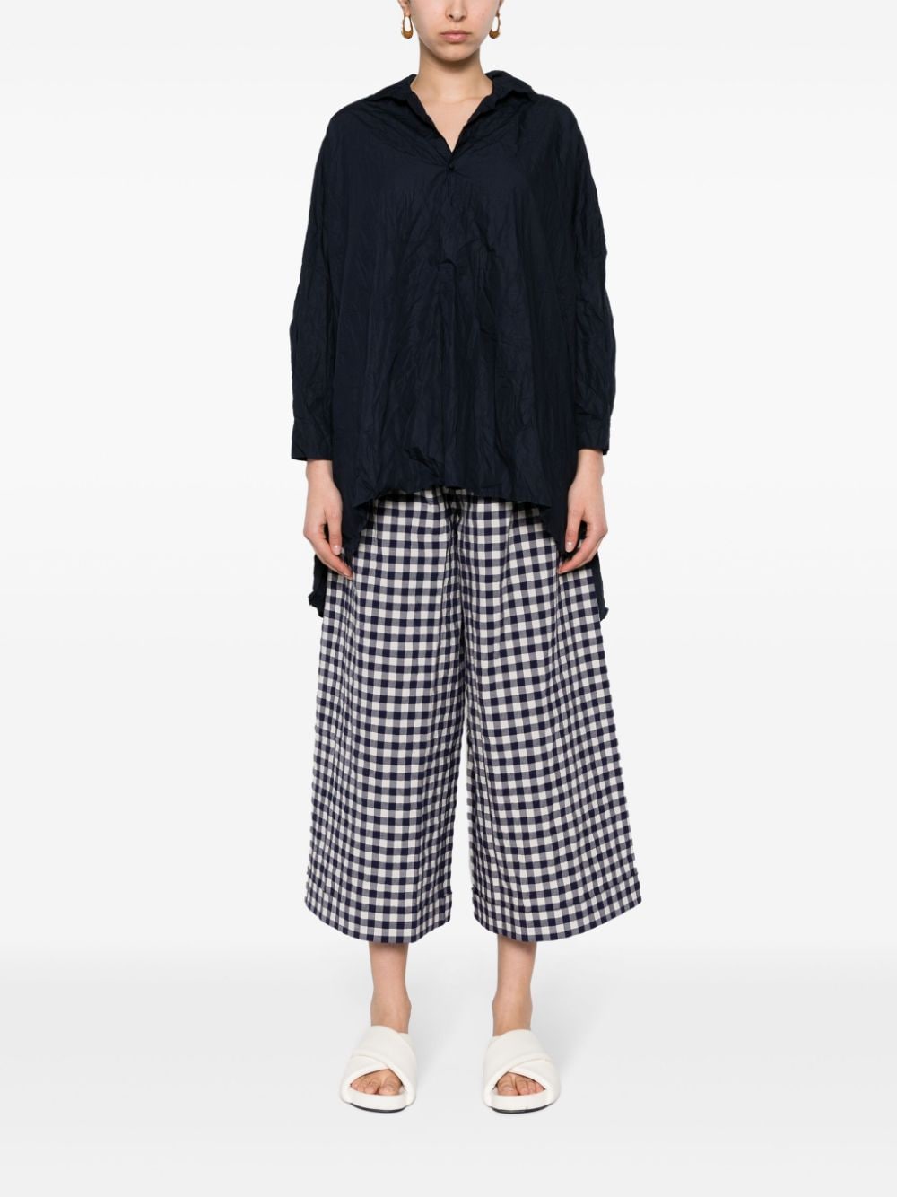 DANIELA GREGIS Navy Blue Checkered High-Waisted Cotton Trousers for Women