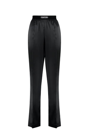 TOM FORD Black Satin Trousers with Elastic Waistband and Velvet Insert for Women