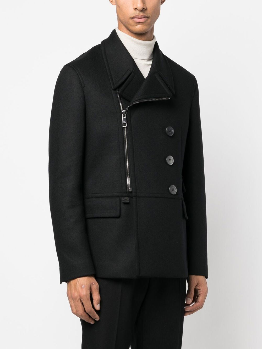 NEIL BARRETT Men's Black Zip-Up Peacoat for FW22