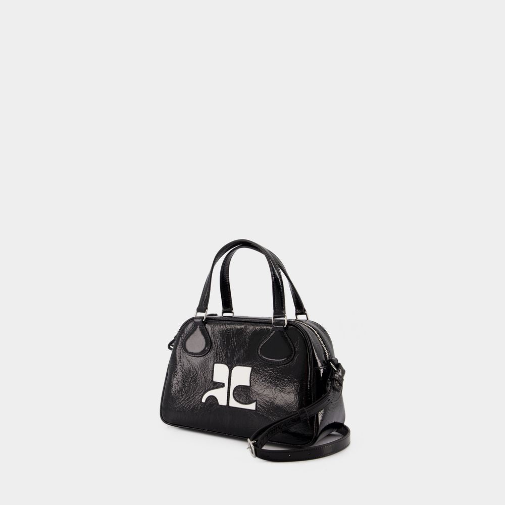 COURREGÈS Elegant Black Patent Leather Bowling Handbag