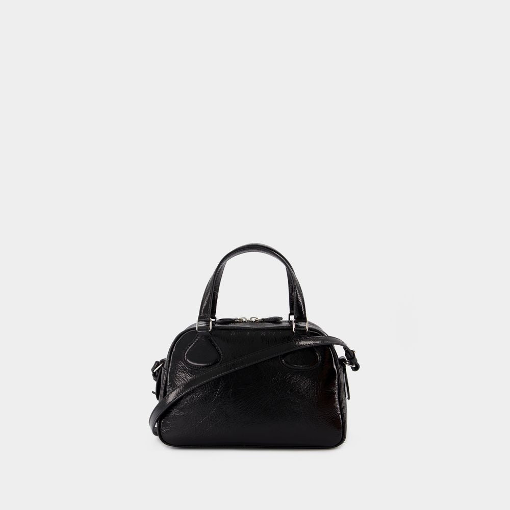 COURREGÈS Elegant Black Patent Leather Bowling Handbag