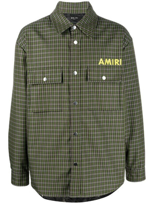 AMIRI Men's Green Printed Overshirt with Check Motif and Logo Print Lining