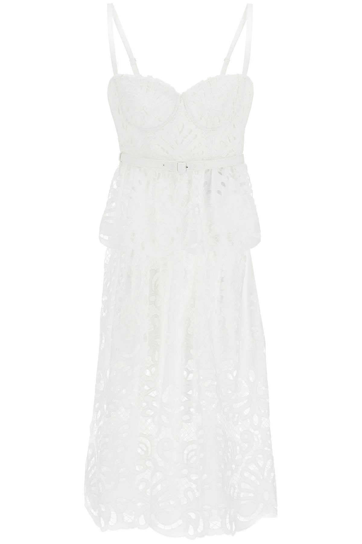 SELF-PORTRAIT White Lace Bustier Mini Dress with Peplum Skirt and Belt