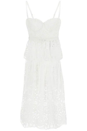 SELF-PORTRAIT White Lace Bustier Mini Dress with Peplum Skirt and Belt