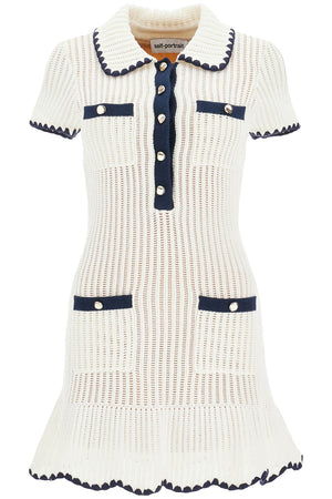 SELF-PORTRAIT Crochet Mini Dress in Vivid Cream & Black