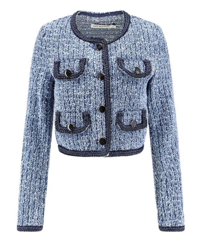 SELF-PORTRAIT Chic Blue Textured Denim Crop Jacket with Braided Accents