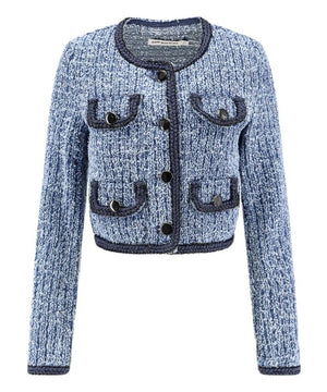 SELF-PORTRAIT Chic Blue Textured Denim Crop Jacket with Braided Accents