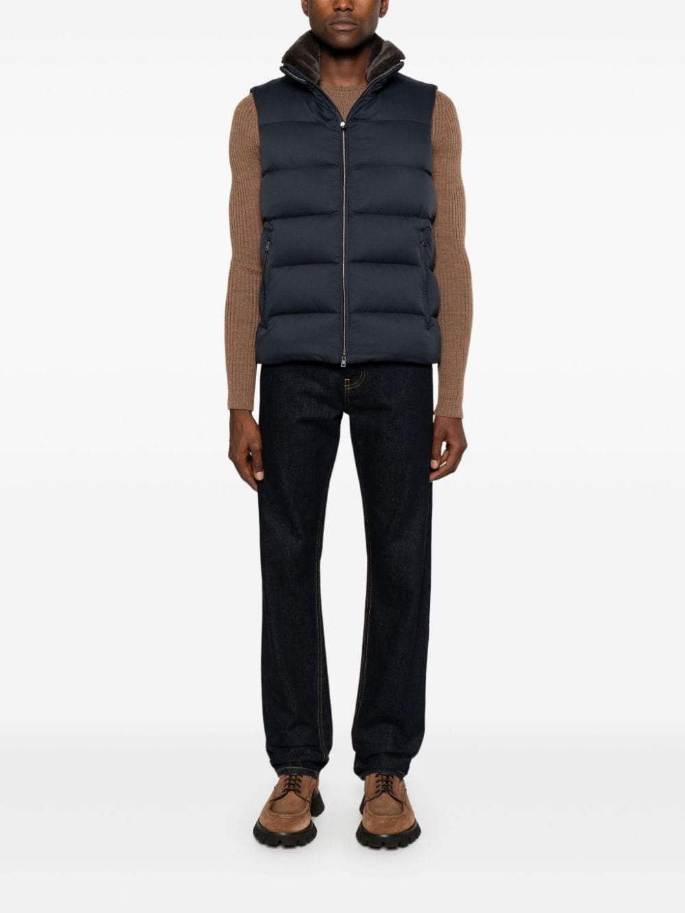 HERNO Navy Quilted Down Vest with Faux Fur Collar