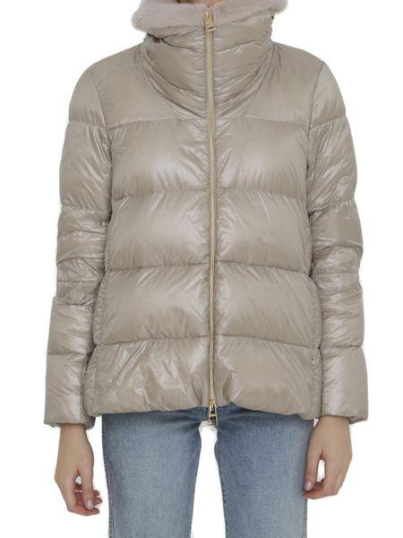 HERNO Beige Quilted Down Jacket with Eco-Fur Collar