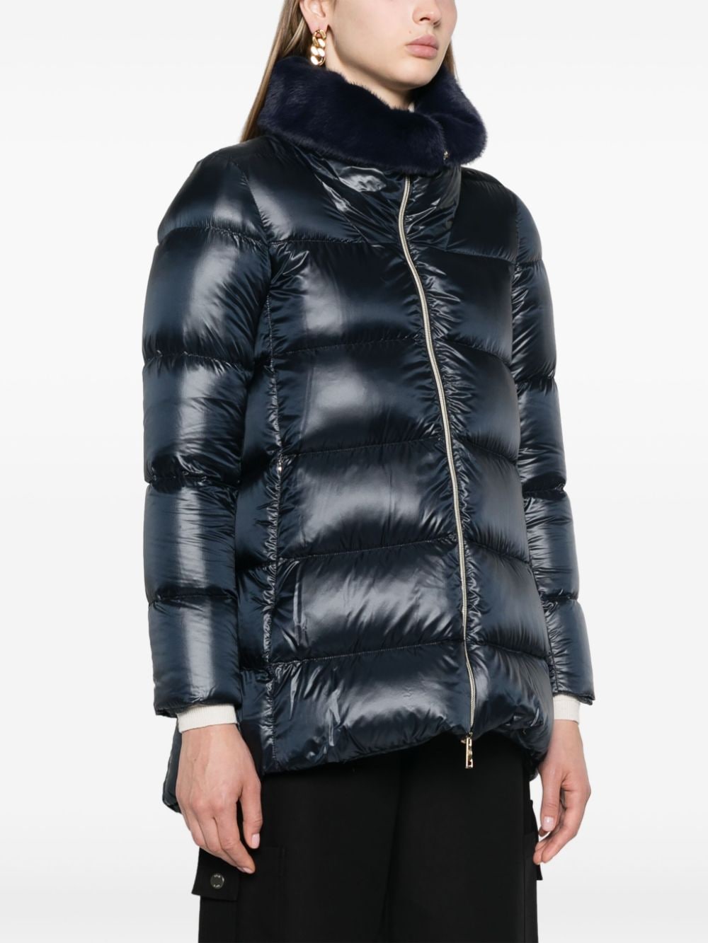 HERNO Navy Blue Glossy Padded Jacket with Faux Fur Collar