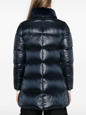 HERNO Navy Blue Glossy Padded Jacket with Faux Fur Collar