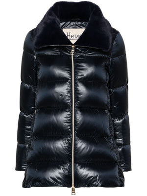 HERNO Navy Blue Glossy Padded Jacket with Faux Fur Collar