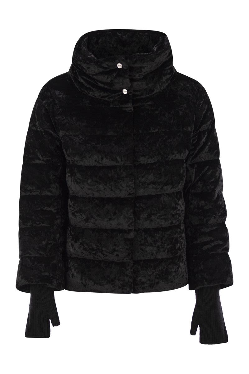 HERNO Chic Stretch Velvet Down Jacket with Cape Design