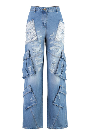 ELISABETTA FRANCHI Women's Blue Distressed Wide-Leg Jeans with Sequin Embroidery for FW23