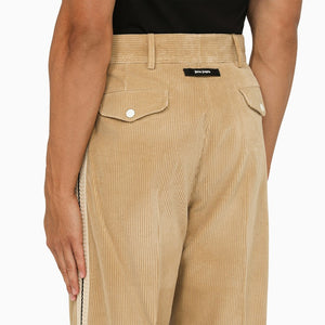 PALM ANGELS Men's Beige Corduroy Pants with Side Bands and Logo Label