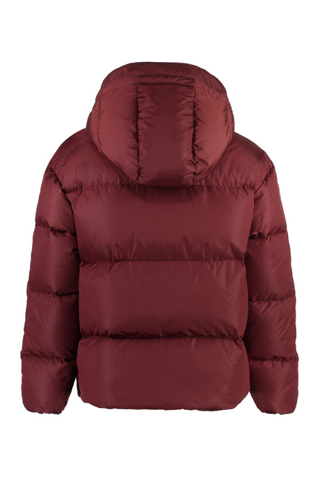 PALM ANGELS Men's Burgundy Hooded Down Jacket with Adjustable Drawstring and Contrasting Stripes