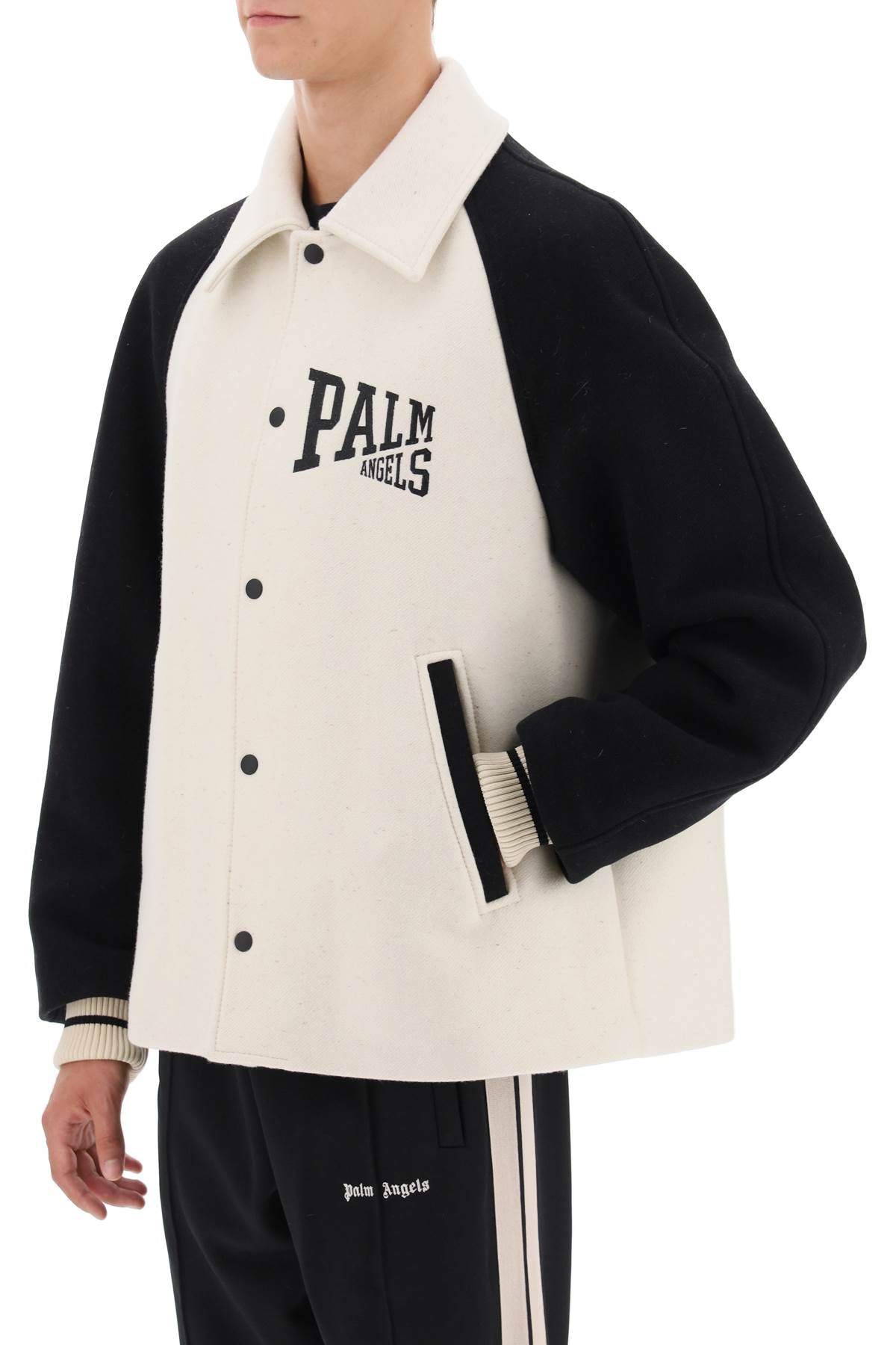 PALM ANGELS Mens Wool Varsity Jacket with Embroidered Lettering Logo and Maxi Embroidered Detail