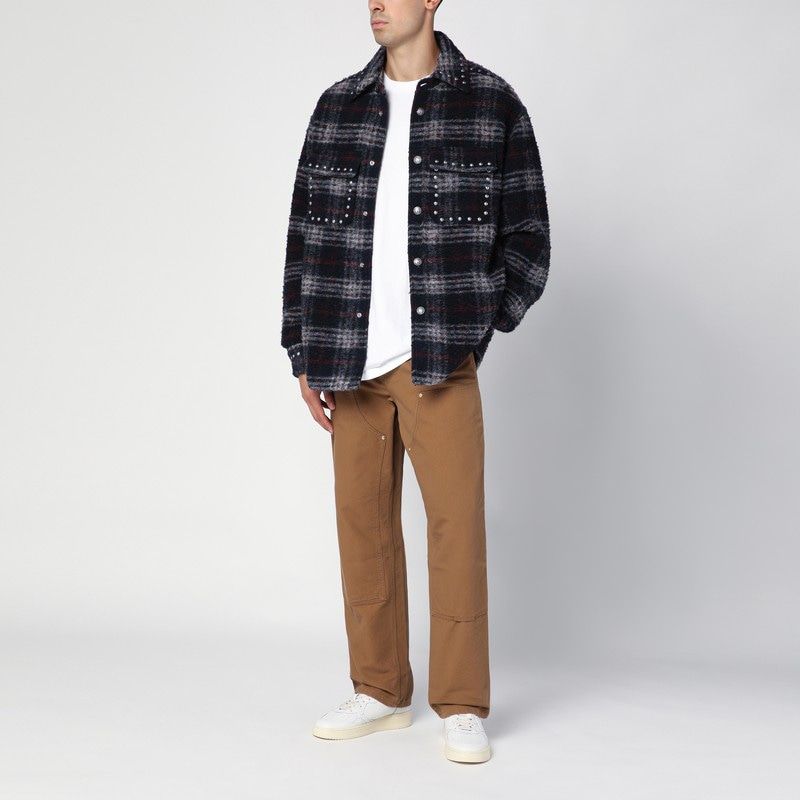 PALM ANGELS Navy Blue Check Wool Overshirt with Decorative Studs - Men’s Fashion Staple