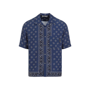 PALM ANGELS Men's Blue Micro Paisley Bowling Shirt