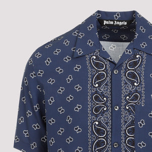 PALM ANGELS Men's Blue Micro Paisley Bowling Shirt