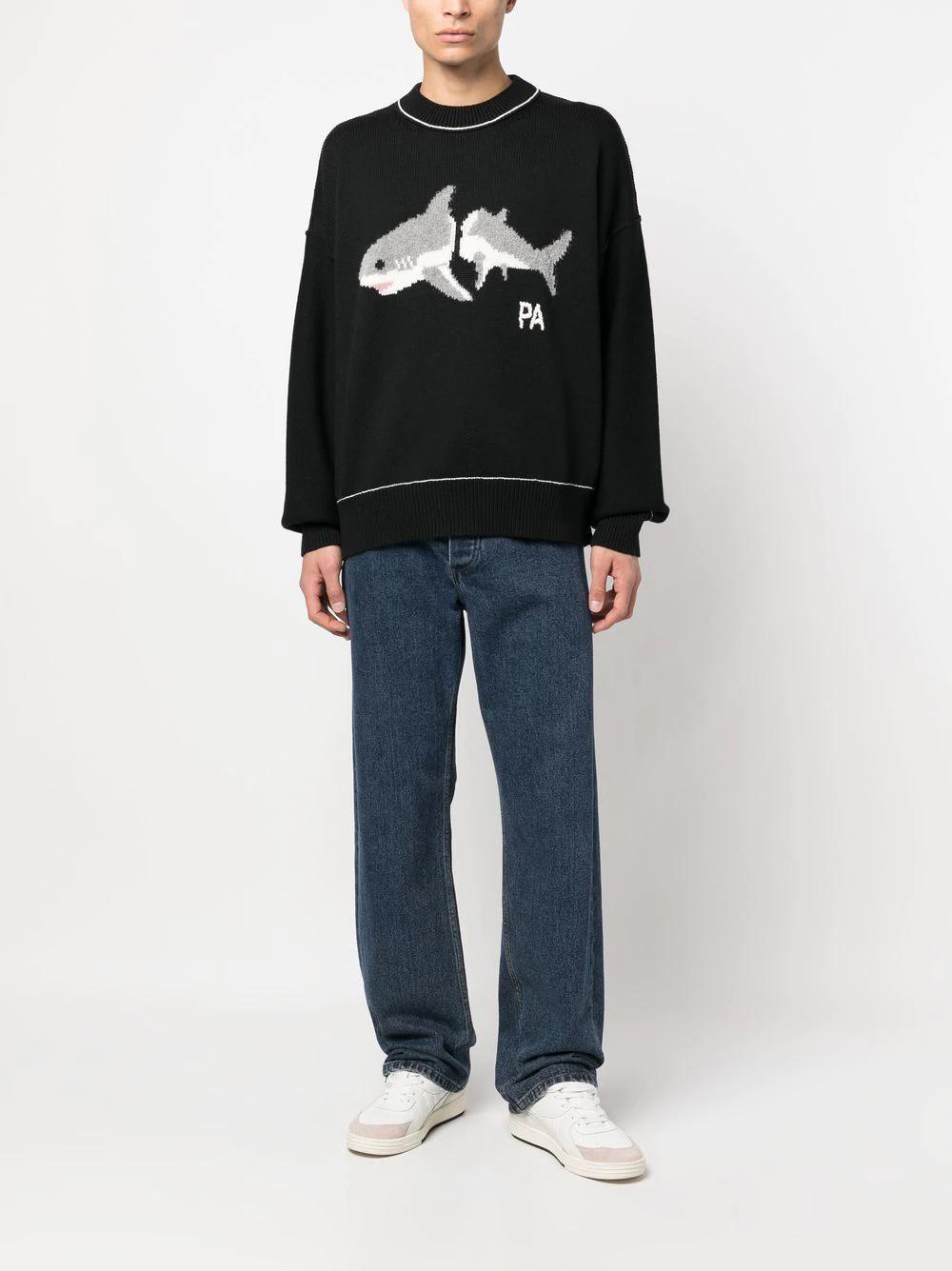 PALM ANGELS Black Intarsia Shark Crew Neck Pullover for Men