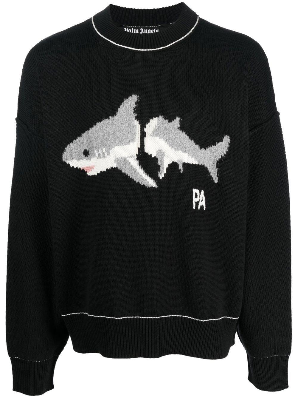 PALM ANGELS Black Intarsia Shark Crew Neck Pullover for Men